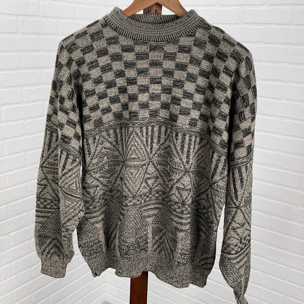 Expressions Intl Sweater Mens XLarge Tan Black Geometric Check Acrylic‎ 90s VTG